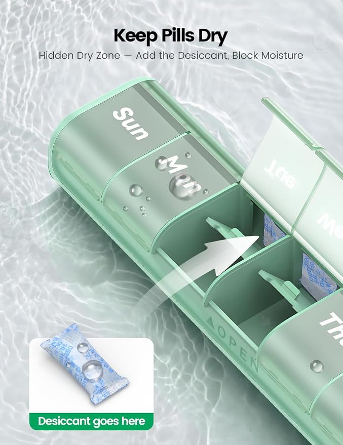 Weekly Pill Organizer, 7 Day Once Daily with Desiccant Chamber | BPA-Free, Easy Open Lids, Spill-Resistant, Compact Travel Case with Portable Handle, Green