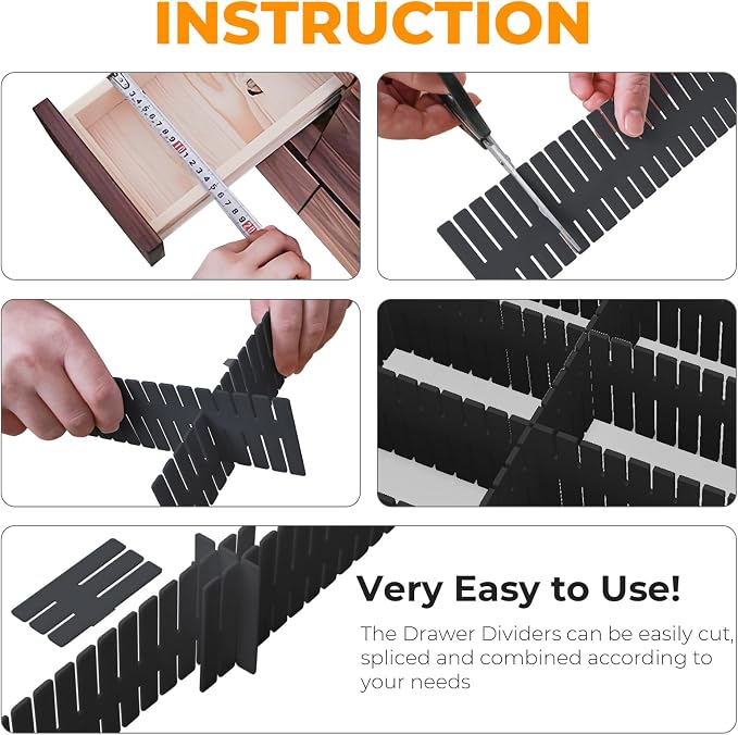 Adjustable Drawer Dividers, Cut to Fit Plastic Organizer Strips, 8-Pack | Plastic Drawer Dividers for Organizing Utensils Socks Underwear Makeup in Kitchen Bedroom Drawers Bins Fridge Compartments