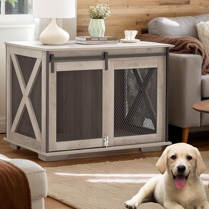 28" H Farmhouse Style Wooden Dog Crate with Sliding Barn Door - Functional End Table Dog Kennel for Small, Medium and Large Dogs, Featuring Flip-top Plate and Detachable Divider (Gray wash)