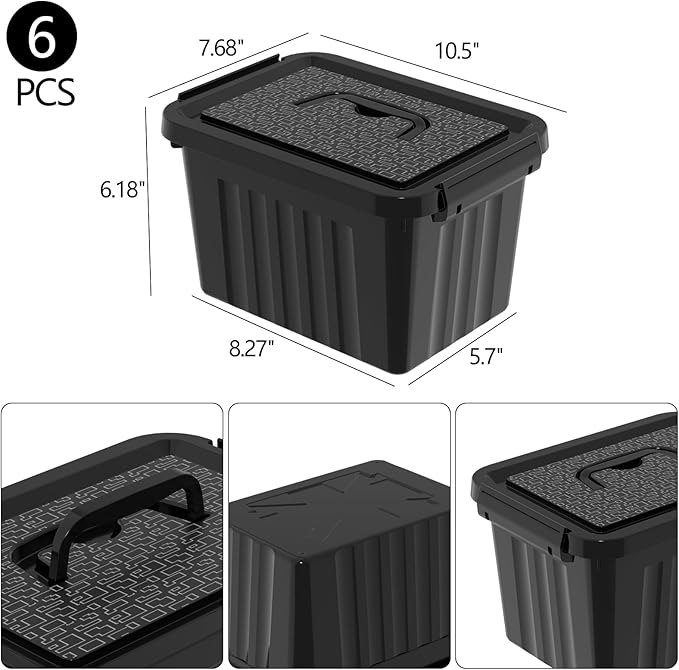 6 Quart Plastic Storage Bins, Latching Box with Handle, 6 Packs | Black Small Latch Tote Container with Lid