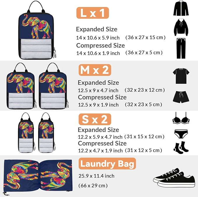Elephant 6 Set Compression Packing Cubes Wild Animal Art Print Expandable Packing Organizer for Travel Accessories Luggage Suitcase Bag