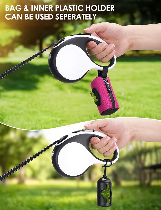 Gobeigo 2-in-1 Dog Poop Bag Holder【Easy Pull-Out Version】(Hot Pink) | Hard Plastic Insert & Soft Fabric Bag Snap-On Strap Dispenser Fits Retractable and Standard Leashes with 1 Roll Bags
