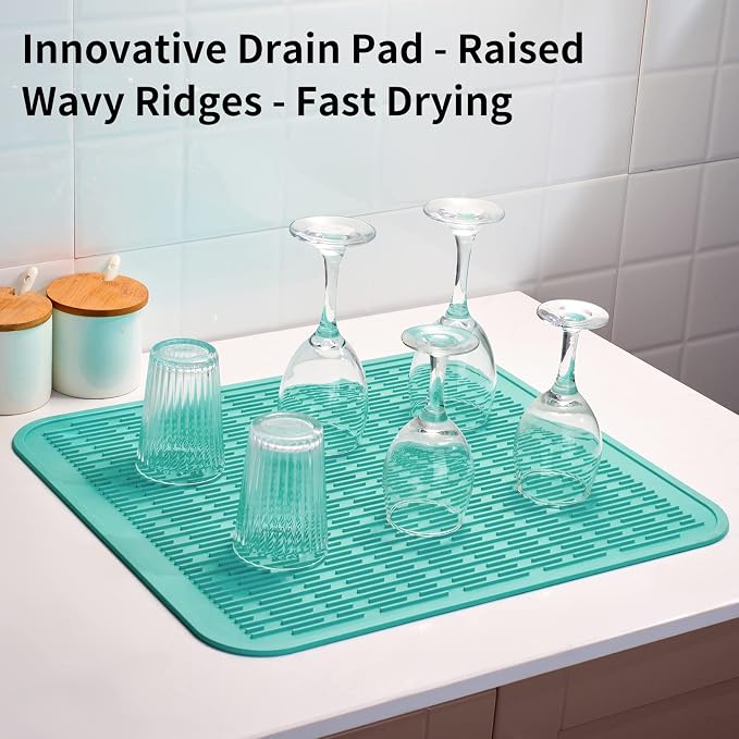 ZLR Oversized Silicone Dish Drying Mat for Kitchen, 16"x18", Mint Green | Family-Size Drainboard for Pots & Pans, Thick 4mm No-Curl, Heat-Resistant Trivet to 450°F, Non-Slip, Rolls to Store