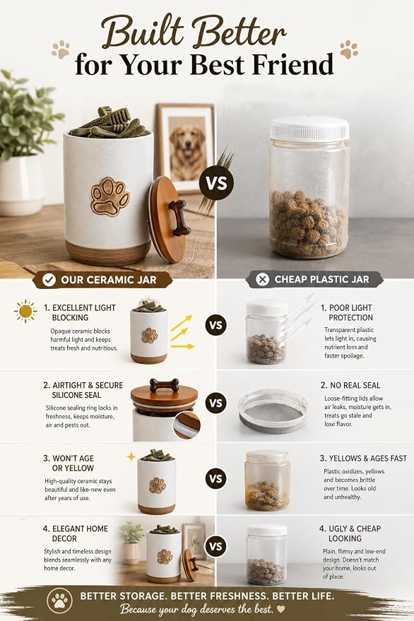 Miamolo Dog Treat Container Airtight Jar with Lid, Keep the Pet Treat Fresh | 8 Cups Small Dog Food Storage Container for Counter | Ceramic Farmhouse Dog Biscuit Jar | Dog Lovers Gift, Paw Glinting White