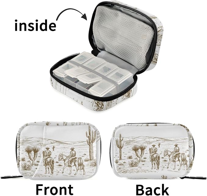 Ollabaky American Wild West Desert Cowboys Cactus Pill Organizer Travel Pill Cases Bag Portable Pill Container 7 Days Pill Box Organizer Vitamin Supplement Holder with Zipper for Family