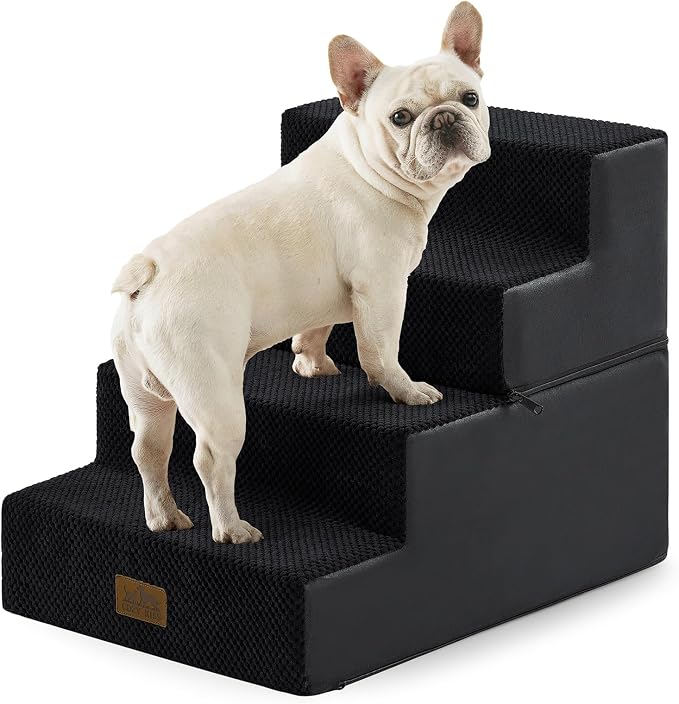 COZY KISS Dog Stairs for Small Dogs, 4 Step Pet Stairs for Beds & Couches | 17.7" H Extra Wider Non-Slip Dog Steps with Removable Tiers & Support Board for Puppies, Older Cats & Dogs, Black