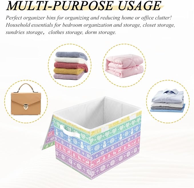 Christmas Deer Fabric Storage Bins with Lid Closet Storage Basket | Foldable & Stackable, Flip Top Dust Guard, Reinforced Handles, Home & Bedroom, Clothes & Toys, Oxford Print Basket