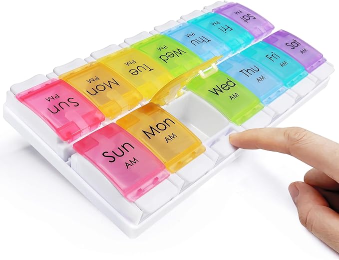 MOLN HYMY Large Pill Organizer 2 Times a Day, AM PM Pill Box 7 Day, 14 Dividers 2 Week Medicine Pill Organizer with Easy Push Button for Medication, Vitamins, Fish Oils, Supplements