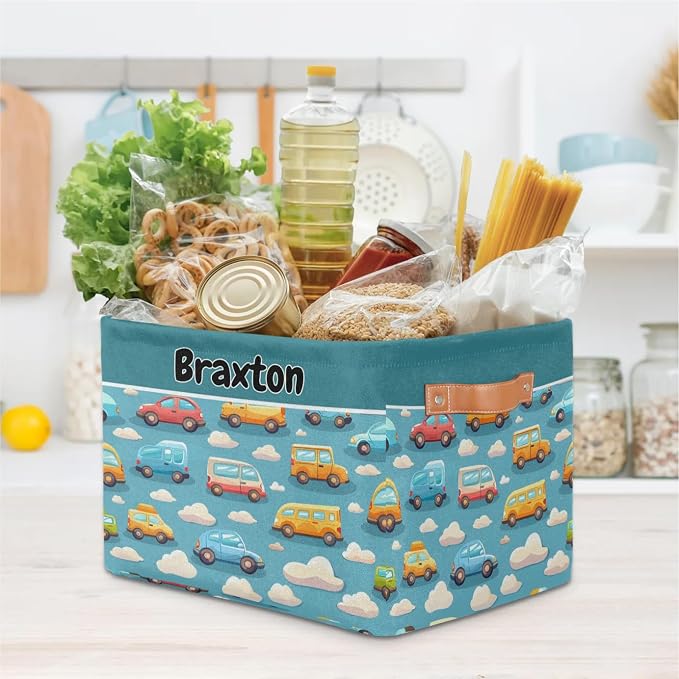 Custom Storage Baskets for Kids with Name, Large Foldable Organizer Collapsible Storage Bin with Leather Handle for Home Toys Closet Nursery, Colorful Bus Taxi Clouds