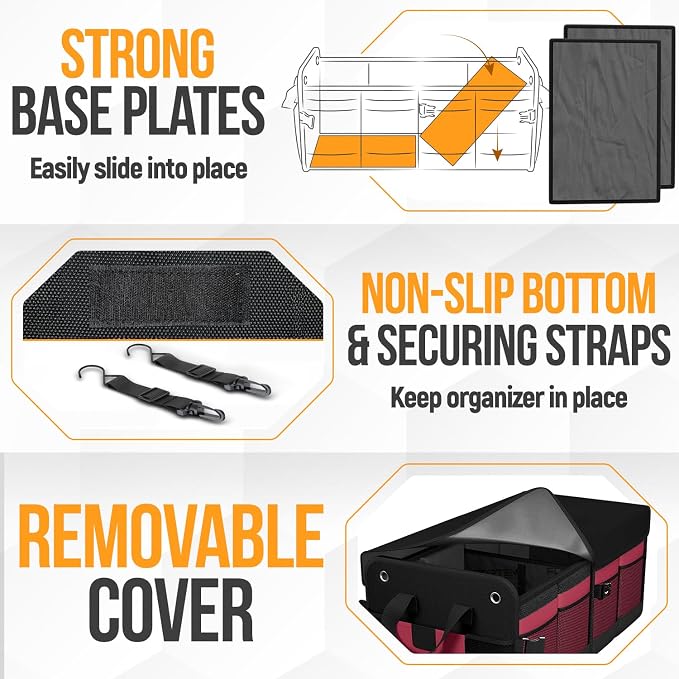 FORTEM Trunk Organizer - Collapsible Car Organizer & Storage Bag for SUVs | Car Accessories for Men & Women, Cooler Bag, Non Slip Bottom, Straps, Soft Cover, 1680D Oxford, 3 Compartments, Red, 50L