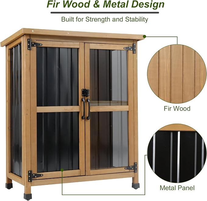Ketive Small Outdoor Storage Cabinet Wood & Metal, Small Garden Tool Storage Cabinet with Asphalt Roof, Double Lockable Doors & Removable Shelves for Porch, Patio, Garden, Backyard