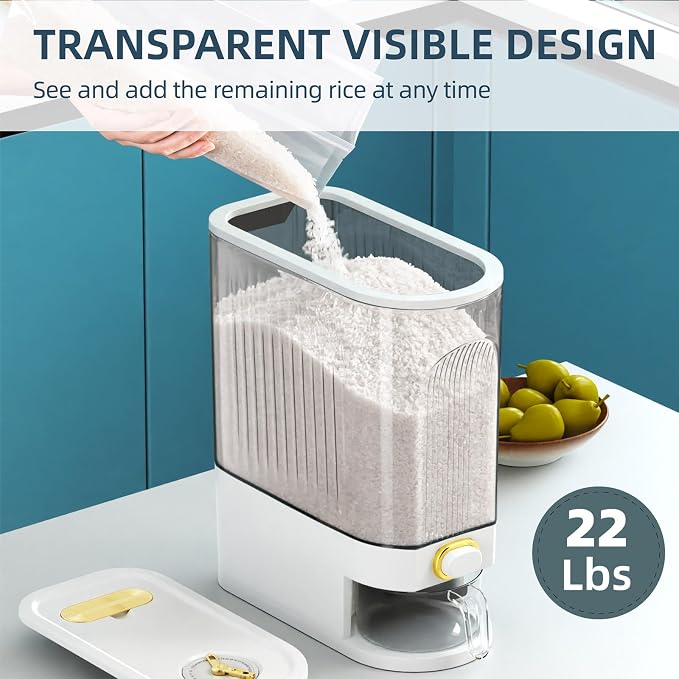 Rice Dispenser,22Lbs-25Lbs Rice Container with Measuring Cup, Upgraded Lid Time Dials & Built-in Fresh Box Rice Container Storage for Home Kitchen Pantry Stores Rice - White Capacity 22Lbs-25Lbs