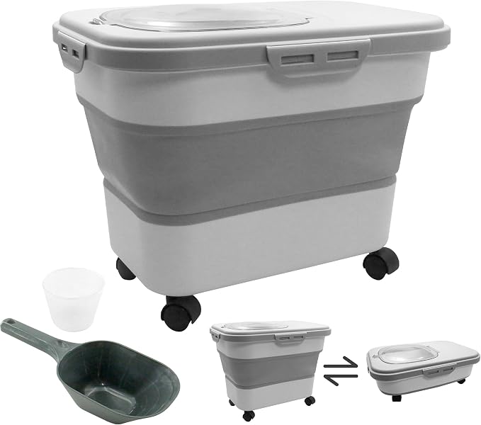 20-30 Lbs Grey Collapsible Airtight Rice Pet Food Storage Container | With Rolling Wheels Lock Lid Scoop Cup, Large Bin for Rice Flour Pet Food Home Storage