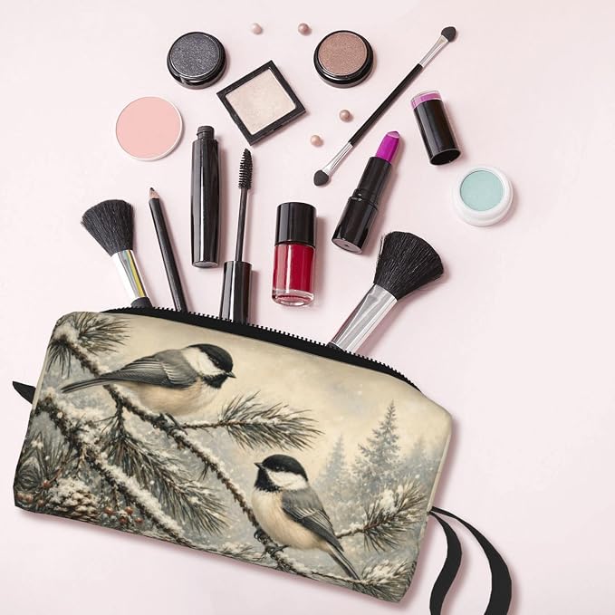 Chickadee Pair on Snowy Pine Makeup Bag for Women, Cosmetic Pouch | Double-Sided Winter Chickadee Cosmetic Organizer with Foam Padding for Women, Travel, Gym, School, and Daily Storage