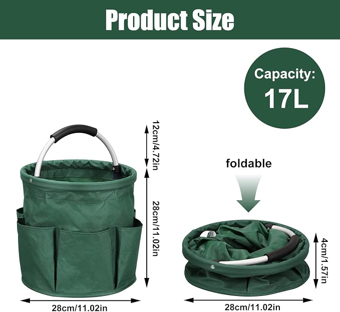 17L Portable Cleaning Bucket Organiser, 6 Pockets Foldable Cleaning Caddy with Handle Wearable Cleaning Caddy Bag for Outdoor Camping Garden Harvest Basket Home Bathroom Storage (Dark Green)