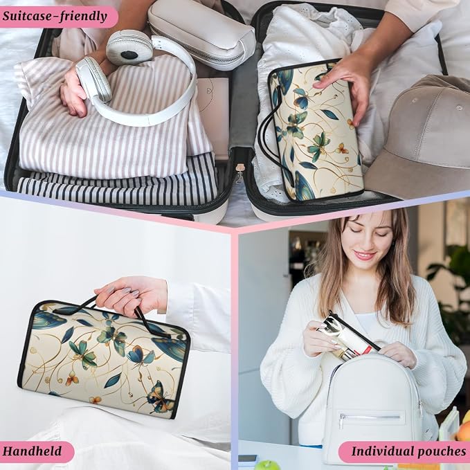 Butterfly Makeup Bag for Women Hanging Roll-Up Travel Organizer Toiletry Kit with 4 Removable Compartments, Vintage Floral
