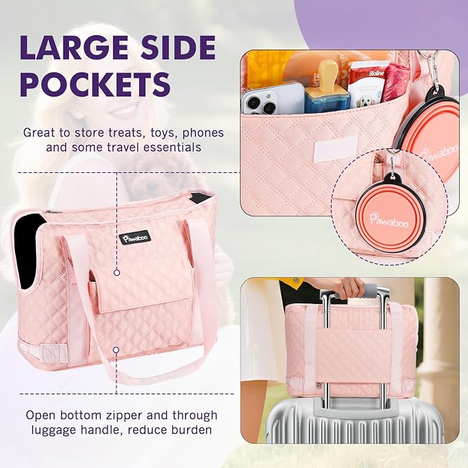 Pawaboo Dog Purse Carrier for Small Dogs with Pocket,Up to 11Lbs | Lightweight & Portable Dog Tote Bag Carrier Purses,Soft Sided Design,Front Pocket for Storage Travel Shopping Pink