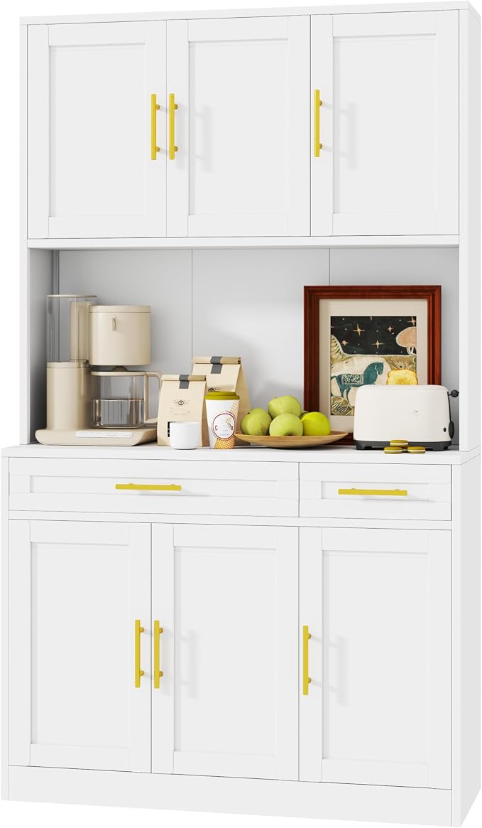 71 Sideboard Buffet Cabinet, Metal Kitchen Coffee Bar Cabinet White | Pantry Sideboard Storage, Coffee Bar Table Console with Cable Hole, Drawers, Adjustable Shelves for Kitchen, Living Room