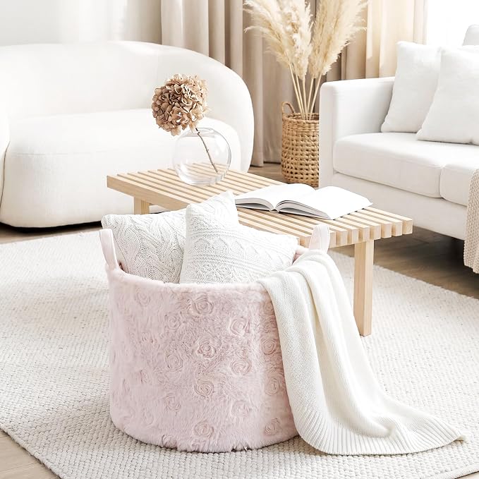LemonRoad Extra Large Basket 20"x14", Woven Basket for Laundry Blanket Toy Box with Handle Storage, Blanket Storage for Living Room Nursery Pillows Chest(Pv Plush,Roses,Pink)