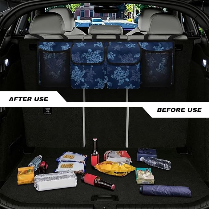 Dreaweet Blue Sea Turtle Car Trunk Organizer Hanging Back Seat Storage Bag with 4 Pockets,Turtle Car Accessories Waterproof Adjustable Large Capacity Collapsible Trunk Organizer for SUV Trucks Sedan