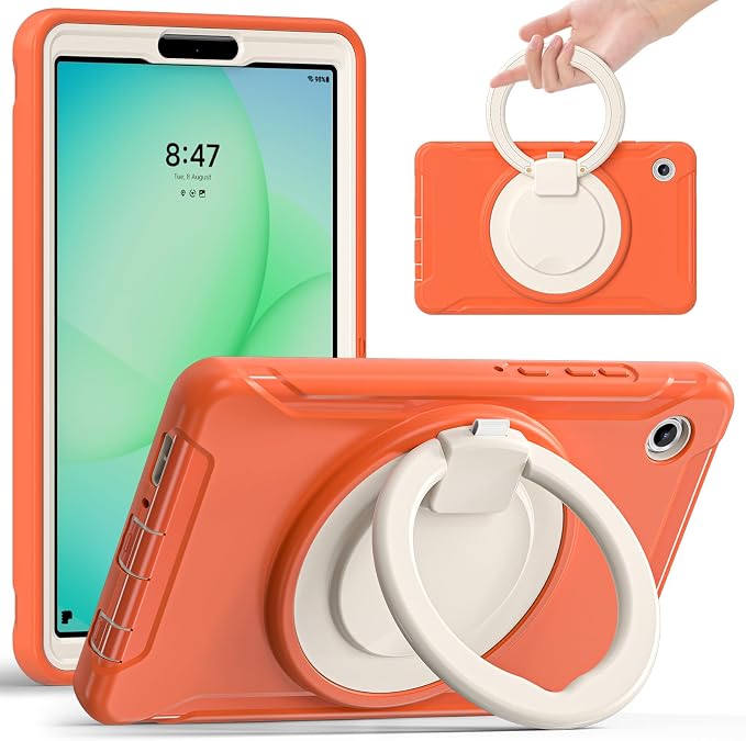 Heavy Duty Shockproof Case for Samsung Galaxy Tab A11 8.7 Inch 2025 (Model: SM-X133/X135/X135F) - with 360° Rotating Stand Handle, Built-in Screen Protector,Kid-Friendly Protective Cover (Orange)
