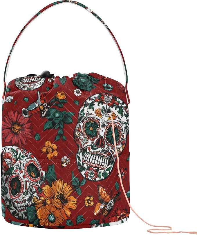 Tatenale Crochet Bag Yarn Bag Knitting Project Bag with Pockets and Handle Portable Yarn Storage Organizer Tangle Free 8.3x11 InchRed Meixcan Flag Skull03