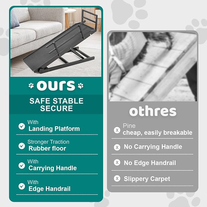 Dog Ramp for Bed & Couch, Foldable Wooden Pet Ramp, 5 Adjustable Heights | Height up to 27.5", Portable Dog Ramp with Non-Slip Rubber Surface & Safety Railings, Pet Ramp for Small, Large, Senior Dogs