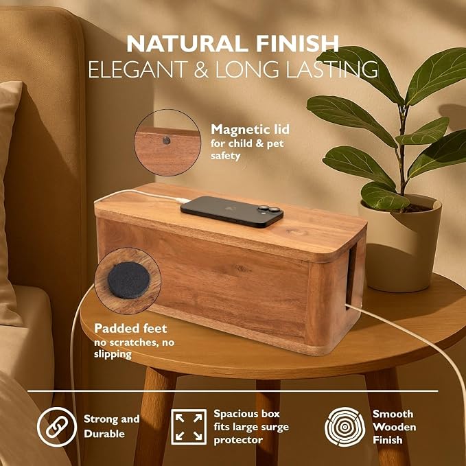 Acacia Cable Management Box - Rustic Design (Natural, Large)