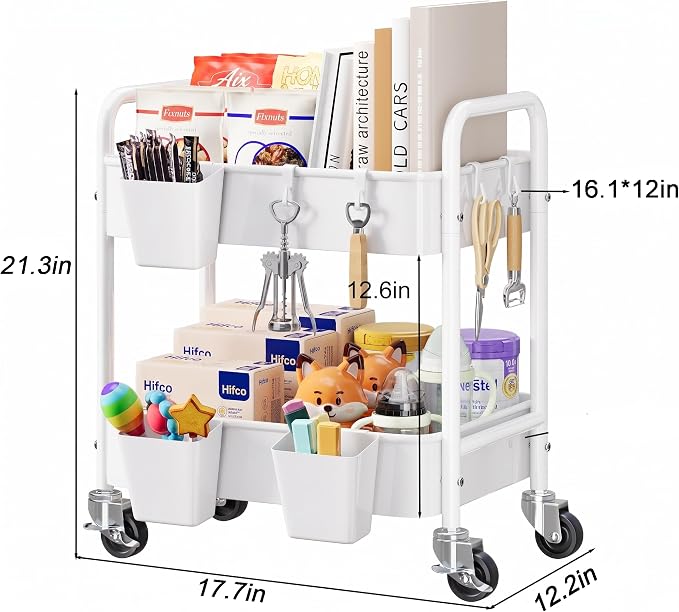 2 Tier Small Rolling Cart Metal with Wheels, White Under Desk Storage Cart on Wheels, Short Utility Roller Caddy Carts Organizer for Art,Craft,Pantry,Bathroom, Two Tiered Shelf Trolley,22 Inches Tall