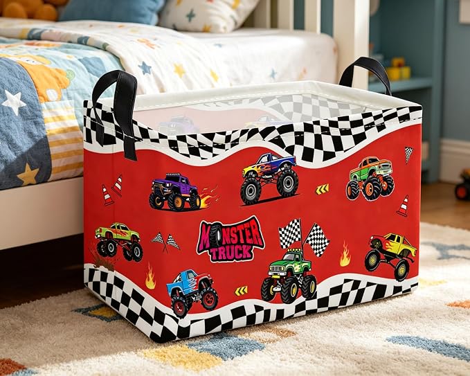 Essme Rectangular Kids Basket,Car Storage Bins Organizer with Handles for Boys Room Decor, Gift Basket,Shelf Basket.(Red Car)
