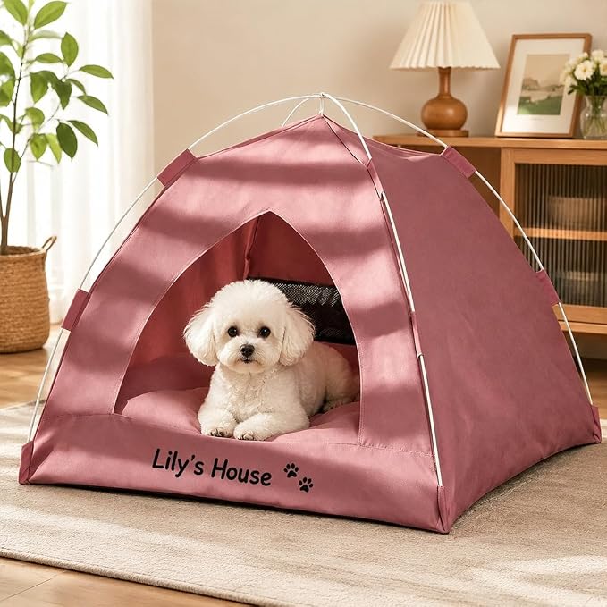 Personalized Dog Cat Pet Tent for Indoor with Name & Paw Print Multicolor | Portable Foldable Pet Cave Bed, Breathable Mesh Window, Removable Washable Cushion, Ideal for Kittens, Puppies,Small Breeds