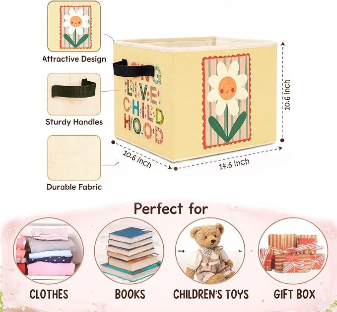 Childhood Storage Bin, Live Childhood Floral Foldable Fabric Basket | Foldable floral fabric organizer with Live Childhood design for nursery, bedroom, playroom, toys, books, and clothes