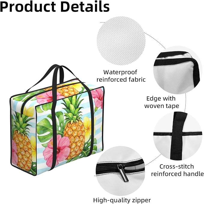 Heavy Duty Packing Bags Pineapple With Tropical Flowers On Blue Stripes, Waterproof Collapsible Storage Organizer Bags with Reinforced Handles for College Dorm and Moving