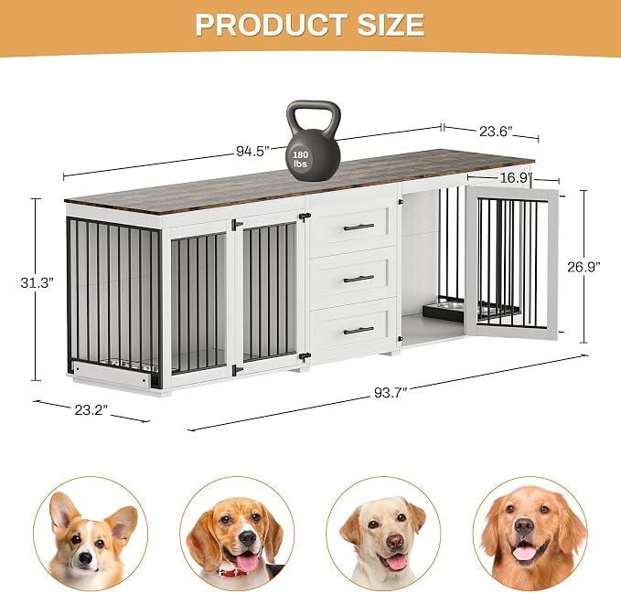 OUYESSIR 94.5" Dog Crate Furniture for Medium Large Dogs, White Brown | Extra large dog kennel fits 2 Medium or large dogs, 3 Storage Drawers, 4 removable Stainless steel dog bowls, Solid Wood