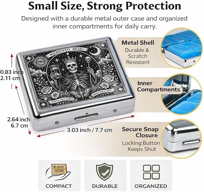 Weekly Pill Organizer with Mirror, 8 Compartments Chrome Pill Box, Portable Travel Medication Organizer for Vitamins and Supplements, Compact Pocket Pill Case for Daily Use (Skeleton)