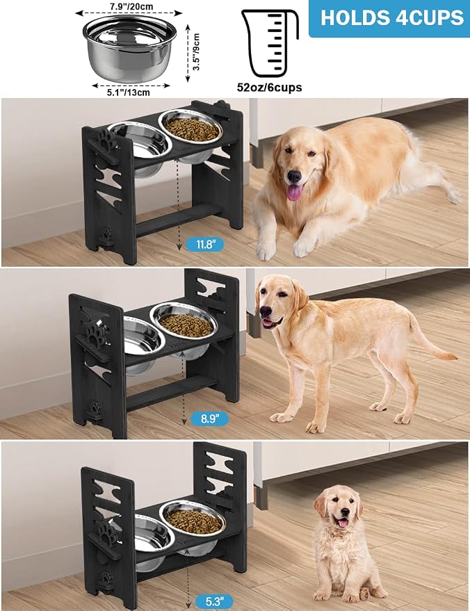 Elevated Dog Bowls, Raised Bowl Stand Adjustable Large/XLarge, Black | Bamboo Elevated Feeder with 2 Stainless Steel Bowls, Adjustable Height Stand for Large and Extra-Large Dogs