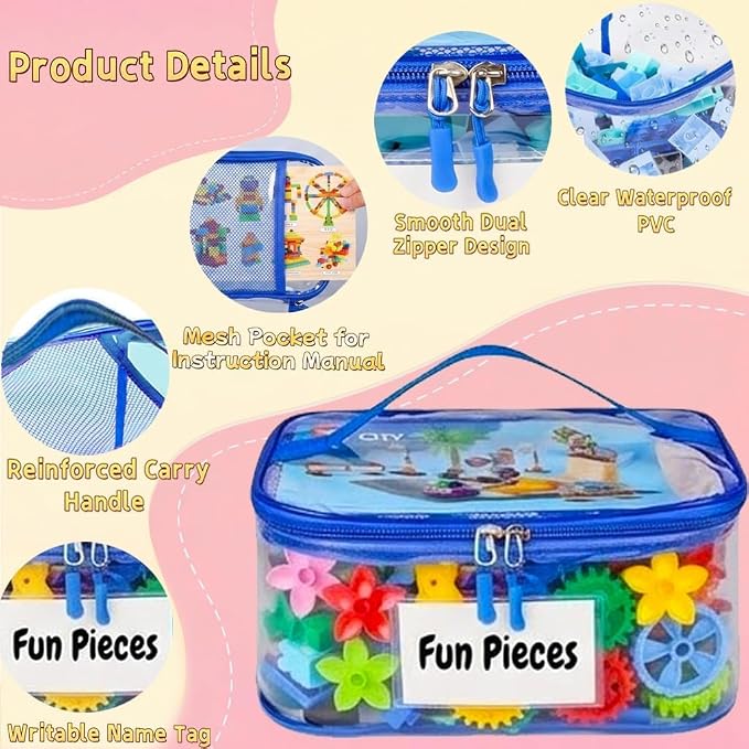 10 Pack Clear Toy Storage Bags, Kids Toy Organizer with Zipper, Waterproof PVC, Large Capacity for Puzzles, Blocks & Board Games, Easy Sorting with Labels