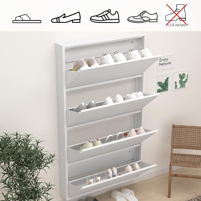 GREATMEET Shoe Rack for Closet, 6 Inch Slim Wall Mounted Shoe Cabinet, Narrow White Hidden Metal Shoe Storage with 4 Flip Drawers, Tall 57 Inch Steel Organizer Rack for Entryway Hallway Small Spaces