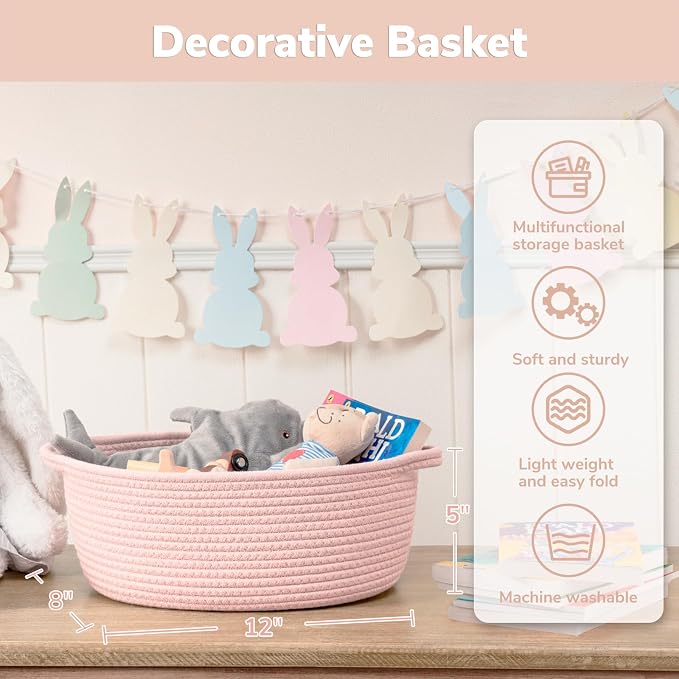 Goodpick Small Woven Rope Gift Basket Empty, 12"x 8"x 5", Pink | Baby Basket for Baby Showers Toys, Fits Living Room Nursery Bedroom Organization, with Durable Handles