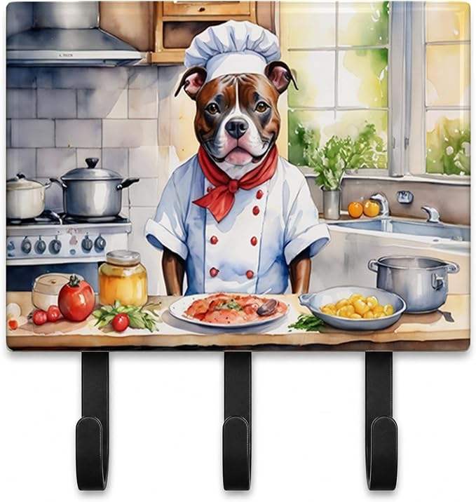 Caroline's Treasures Staffordshire Bull Terrier The Chef Leash or Key Holder Wall Hooks, Key Hooks Holder, Coat Rack Wall Mount, Coat Hooks, Hooks for Hanging Keys, Towels, Aprons, Leashes | Staffordshire Bull Terrier The Chef artwork on ceramic tile w...