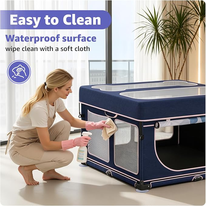 LOOBANI Foldable Whelping Box for Dogs, 1 Min Setup, 43.3"x43.3"x27.1" | Pet Puppy Playpen Indoor With Cover & Waterproof Bottom, Portable Birthing Box For Dog Cat Duck,Sturdy,Patented,Blue+Pink