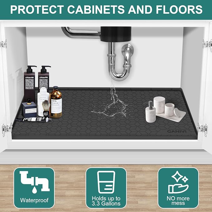 Under Sink Mat, 28"x22" Waterproof Tray for Cabinet, Holds 3 Gal | Silicone, Fits 36 inch Standard Cabinet,Leakproof & Easy Clean, Ideal for Kitchen & Laundry, Protects Shelf from Water Damage