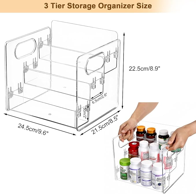 BSTKEY 3 Tier Vitamin Storage Organizer, Acrylic Organizer for Vitamin Bottles Medicine Bottle Prescription Bottles, Pill Bottle Organizer, Spice Rack Vanity Organizer for Cabinet Kitchen Countertop