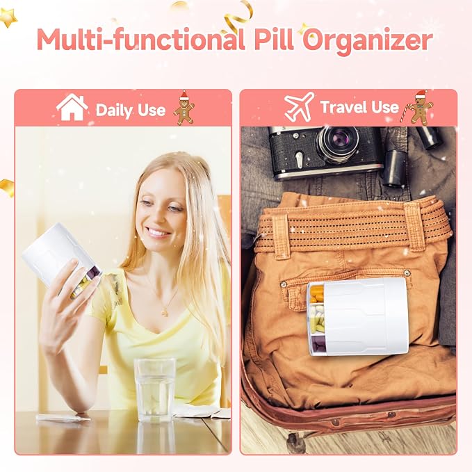 Daviky Pill Bottle Organizer, 7 Large Compartments, Travel Pill Dispenser | Seven large compartments organize daily pills, vitamins and supplements, with dual lids for convenient storage and travel