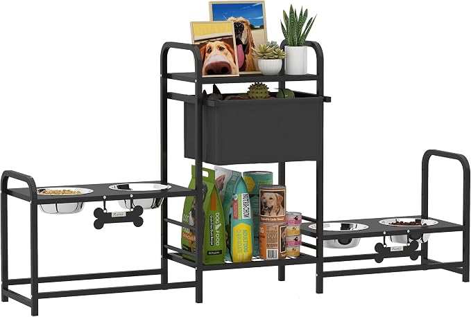 PawHut Dog Bowl Stand, 2 Feeding Stations, 3 Adjustable Heights, Black | Elevated Dog Bowls, Toy Bin Basket, Lifted Food and Water Bowl, Pet Storage Organizer, for Small, Medium, Large Pets
