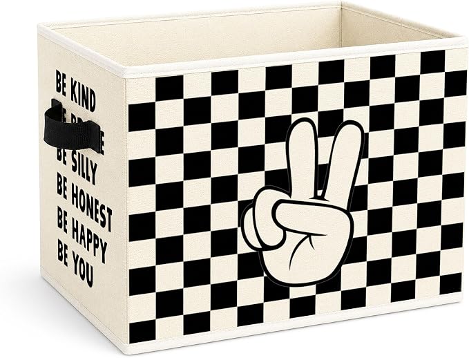Checkered Storage Bin, Foldable Fabric Basket for Kids Room Nursery | Foldable fabric storage bin with positive quote design for toys, books, clothes, nursery, bedroom, and playroom use.