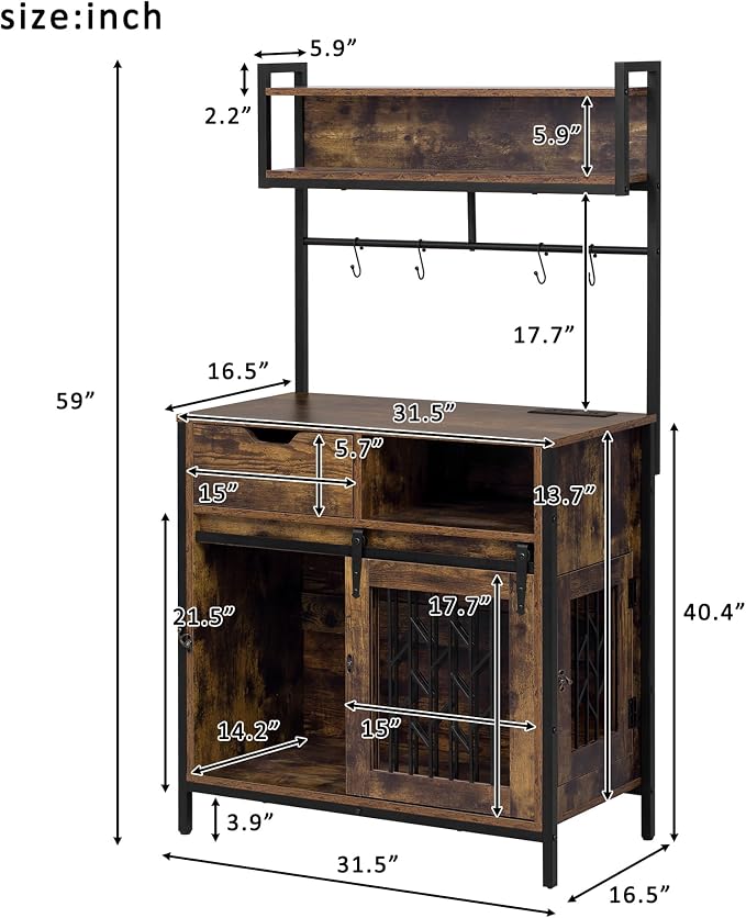 Furniture Style Dog Crate Desk Hutch, Multifunctional Pet Cabinet with Charging Station, Entryway Organizer, Rustic Brown 31.5"x16.5"x59.1"