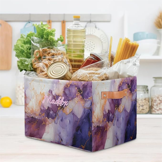 Personalized Storage Basket with Name, Rectangle Toys Storage Bin with Handles for Baby, Boys, Girls, Collapsible Basket for Clothes, Books, Purple Marble Background