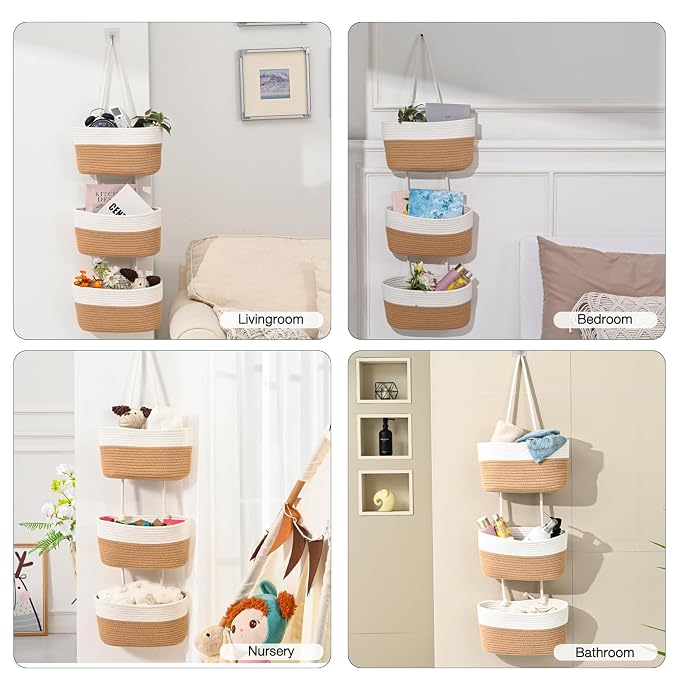 ICERZCZ Hanging Baskets for Organizing 3-Tier Wall Basket Khaki & Off White | Over the Door Decorative Storage Organizer, Nursery Decor Organization, Baskets for Entryway Playroom Bathroom Closet