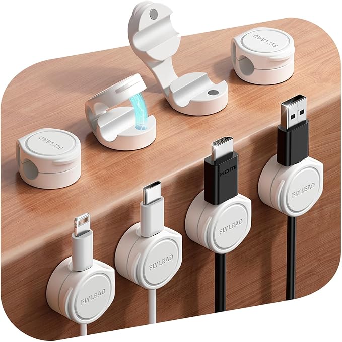 FLYLEAD 8-Pack Silicone Cord Organizer Magnetic Cable Clips, Adhesive | Resilient Yet Soft Rubber Cord Management Holder for Home Office Desk Accessories, Nightstand Phone Charger Wire Organization